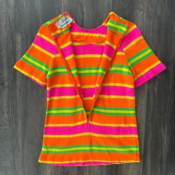 Vtg 60s Psychedelic Knit Raglan Shirt Neon Striped Talon Zip Hippie Neon Mod Top - Picture 3 of 5